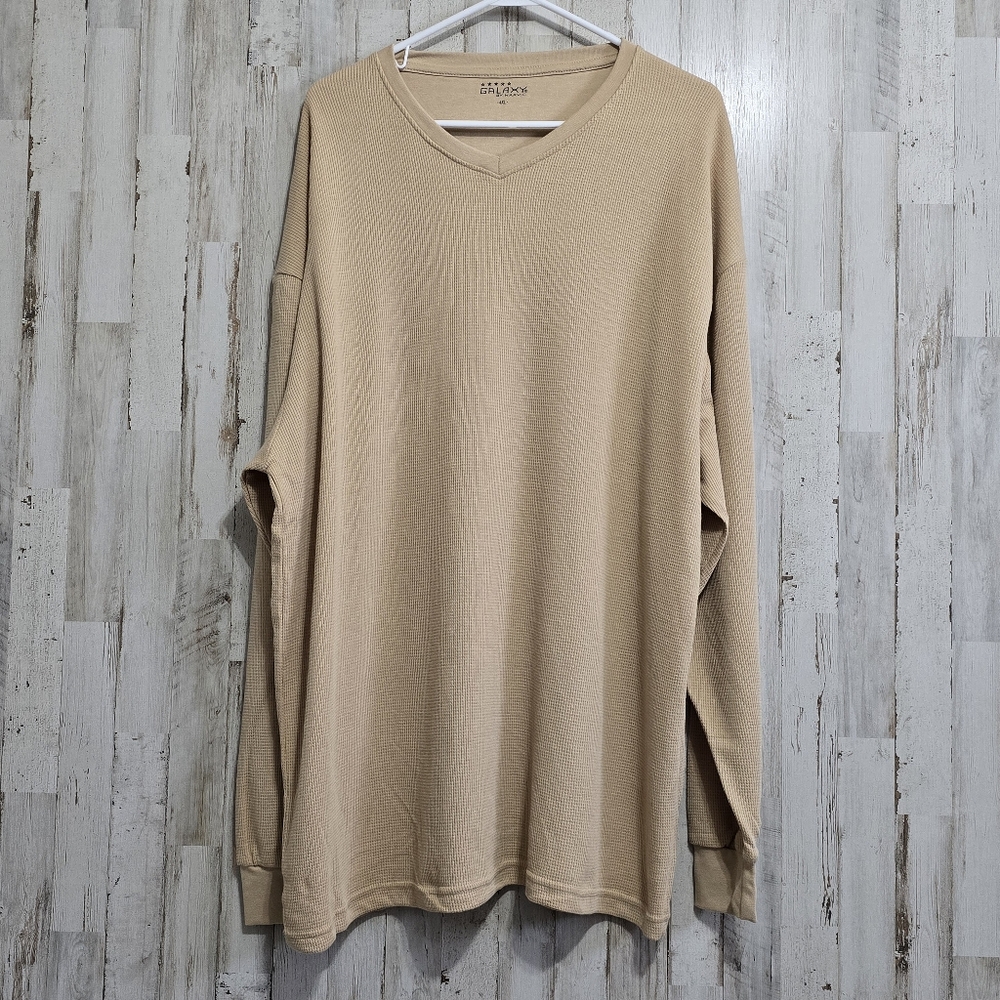 Galaxy By Harvic Tan Brown Waffle Knit Long Sleeve V Neck Tee Shirt Big Tall 4XL